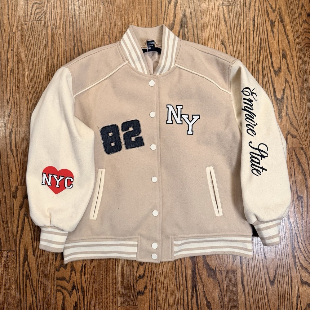 Forever 21‎ New York Empire State Varsity Jacket Patch Bomber XS Tan Cream